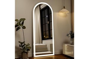 Koonmi 165x60 cm Arched LED Full Length Mirror with Lights, Light-adjustable Full Body Mirror with Stand Equipped with Touch Buttons, White