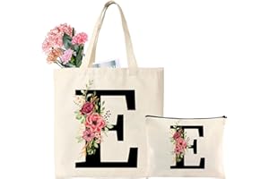 Tarklanda Borsa Tote Tela con Iniziale, Borsa Shopper con Lettere, Tote Bag Donna Personalizzata con Nome, Regali per Donna, Amica, Mamma, Regali di Natale, Compleanno, Festa della mamma (E)