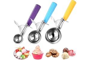 ZJHFC Cuillère à Glace 3 pièces, Cuillère à Biscuits Cuillère à Glace en Acier Inoxydable 18/8 avec Gâchette pour Boule à Glace, Pâtisserie, Boule à Melon, Boulettes de Viande (70mm + 58mm + 40mm)