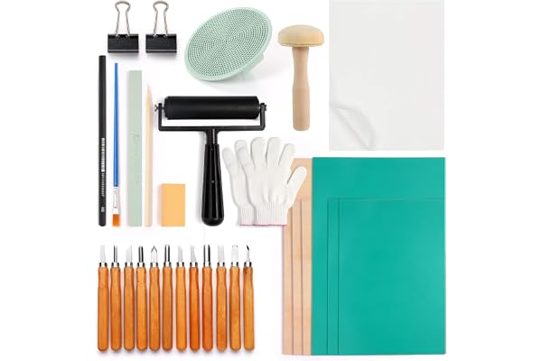 Lot de 31 outils de sculpture de linoléum - Kit de démarrage avec plaques en linoléum, papiers calques, bloc de mélange pour tampons, sculpture, graphisme imprimé, poster d'art