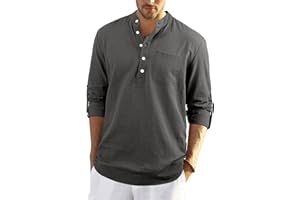 Enlision Uomo Camicia in Lino di Cotone Manica Lunga Henley Shirt con Bottoni Casual Hawaii in Tinta Unita Maglietta T-Shirt da Uomo per Interni Spiaggia Hippie