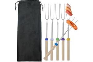 RESTALLADNWEST Tenedores para barbacoa, 6 palitos telescópicos para asar malvaviscos, tenedor extensible de acero inoxidable en forma de U con mango de madera, pinchos para asar para camping, hoguera, chimenea,
