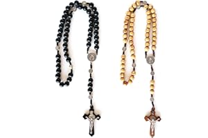 GROW TRENDY 2x Chapelet Catholique en Bois d'Olivier avec Finition Teck et Noir | Chapelet Chretien Croix en Bois et Perles de Bois Chaîne de Chapelet à la Main | Chapelet Catholique Femme | Crucifix | Chapelet