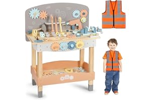 DINORUN Banco da Lavoro per Bambini Giocattoli Bambino Attrezzi Bambini con Gilet, Regalo Bambino Bambina 3 4 5 6 Anni
