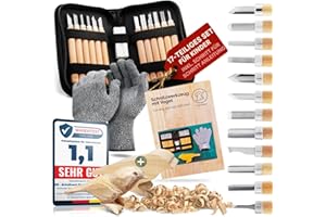 Eli® Schnitzset für Kinder (17-teilig) inkl. Schnitzanleitung - Rohling aus Holz Vogel - 12 hochwertige Schnitzwerkzeug - Schnitzmesser mit Schleifstein - prakt. Tasche zum Schnitzen