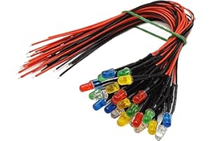 LIGHBIB 20 Piezas 3V 5V 12V 24V DC 3mm/5mm Rojo/verde/azul/RGB Redondo Precableado Agua Claro LED Precableado Diodos Modelo De Coche Luces,amarillo,Lente Transparente De 24 V Y 5 Mm