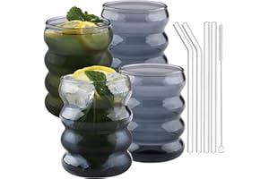 Vexillic Vasos Cristal Ondulado, 4 Piezas 350ML Tazas de Vidrio de Burbuja, Vintage Transparente Juego de Vasos con Pajita y Cepillo para Agua Café Cóctel Soda Gris Seguro Tartas Magdalenas