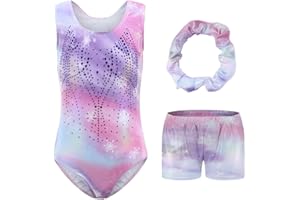 Hovershoes Gymnastics Leotards for Girls Kids Long Sleeve/Sleeveless Sparkle Gymnastics Outfit with Dance Shorts & Hairband Set Athletic Bodysuit Ballet Dancing Leotard