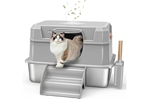 Bartuke Bac à litière pour Chat en Acier Inoxydable avec Couvercle, bac à litière XXL Amovible en métal avec Couvercle, Pelle, marchepied, Non Collant, sans Odeur, Facile à Nettoyer (Gris Clair)