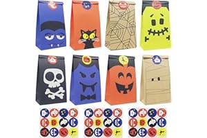 HORUILI Halloween Bolsa de Caramelos, Bolsas de papel para Halloween, 24 Bolsas de Papel para Dulces de Halloween con Pegatinas para Regalos de Fiesta, Decoración de Bolsas de Dulces para Aperitivos