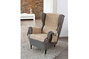 ‎K. & N. SCHURWOLLE Schurwoll-Sesselschoner mit Armlehnenschoner, Hellbraun, Flor aus 100% Schurwolle, Mittelteil ca. 160 x 50 cm, Armlehnenschoner ca. 60 x 40 cm