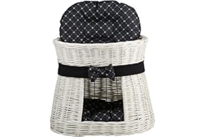 E-WICKER24 ALLES AUS WEIDE e-wicker24 Panier, Maison en Osier à Deux étages, Panier Osier Blanc avec lit au Dessus et 2 Coussins Noirs imprimé Petits Pieds de Chats, Tour pour Chat.