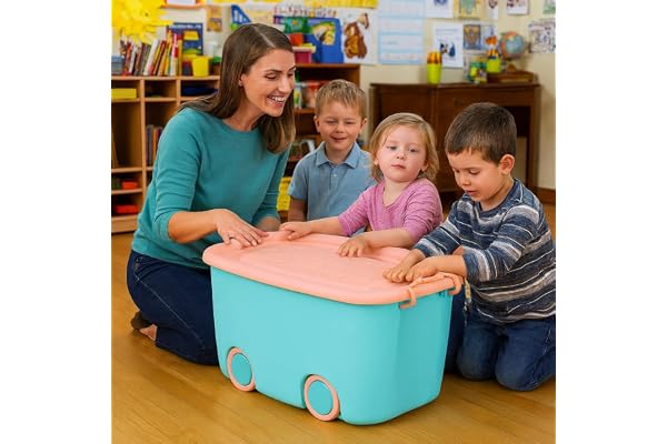 PARASNATH 45 Litre Blue Pink Colour Rolling Storage Container Box Storage Unit With Flexible Wheels, Secure Locking Lid