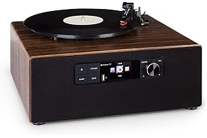 AUNA Connect Vinyl Cube - Giradischi, Lettore Vinili, 40 W max., Smart Radio: Internet/DAB+/FM, Altoparlanti Integrati, Giradischi: 33/45/78 Giri, Bluetooth, USB, Controllo via App, Marrone