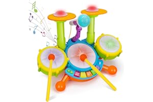 LYPSOCHAAT 5 in 1 Trommel Schlagzeug Musikinstrumente Kinder, mit 2 Trommelstöcken Mikrofone Klaviertastatur, Baby Montessori Musikspielzeug für Kinder ab 1 2 3 Jahr, Geschenk für Jungen Mädchen