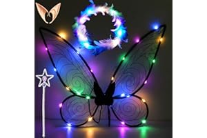 SHENGRUILI LED Feenflügel Leuchtende,Feenflügel Kinder,Schmetterlingsflügel mit Elfenöhren,LED Feder Stirnbänder und Sterne Feenstäbe,Fairy Wings,Flügel Fee,für Halloween,Karneval,Party,Fasching Kostüm