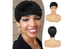 RUWISS Pixie Cut Perruque de Humain Cheveux avec Frange Perruque de Humain Cheveux Naturels Noirs à Court Historique Ondulé Différents Styles de Perruques Courtes pour Femmes Noires