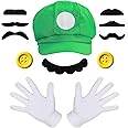 iZoeL Mario Costume Luigi Costume Mario Hat Luigi Hat White Gloves Mustache Buttons for Mario Party Mario Character Mario Games Halloween Costume for Adult Man Women Boys Girls Kids