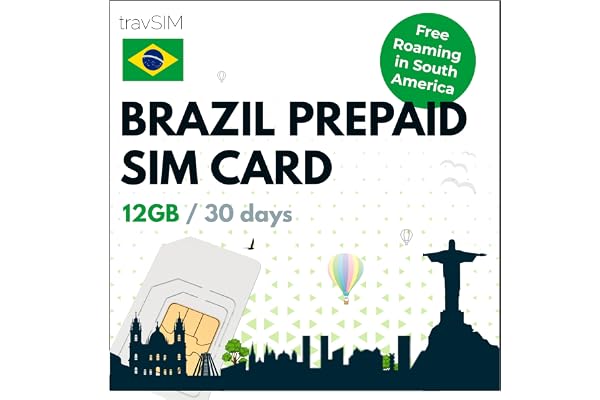 travSIM Brésil Carte SIM | 12Go de données Mobiles | Vitesses 4G/5G | Itinérance Libre en Amérique du Sud | Fonctionne sur iOS et Android | Le Forfait sur la Carte SIM Brésil prépayée est de 30 Jours