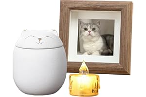 UMBERDOM Ceramic Cat Urns for Ashes with Photo Frame Candle, Handicrafted Keepsake Memorial Gift For Pets, Cat,Small Dog Rabbit Bird(White, S)