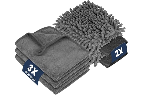 flintronic 5PCS Kit Nettoyage Voiture, Gants Lavage Voitures, Gant Nettoyage Voiture, 600 GSM Microfibre Sechage, 3 Gant de Lavage Microfibre, 2 Chiffon Microfibres Voitures