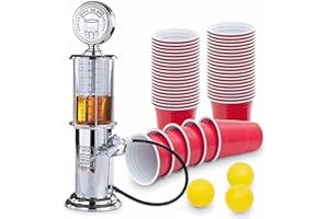 GOODS+GADGETS Retro Drinks Dispenser in Chrome-Plated Nostalgia Design | Bar Butler Petrol Pump with Tap Hose for Party Drinks Dispenser Beer Tower Beer Dispenser | Party Gadgets (1 x Petrol Pump + 50 Drink Cups)