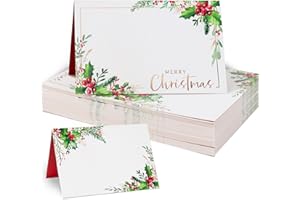 COLOFALLA 50pcs Christmas Place Cards Table Name Cards for Table Setting with Holly Pine Branches Merry Christmas for Table Decoration Winter New Year Wedding