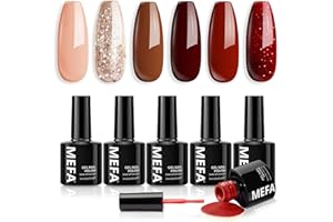 MEFA Gel Nail Polish Set, 6 Colors - Red, Brown, Nude, Glitter - UV Gel, Soak Off - DIY Home Salon Nail Art