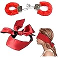 Metal Handcuffs with 2 Keys,Satin Blindfold Fluffy Handcuffs Play,Cosplay Costume Props for Cosplay,Handcuffs Prop Dress Ball Party (Red) (Red)