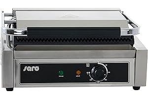 Saro PG 1B Barbecue électrique à contact électrique avec grille électrique extra large rainurée des deux côtés antiadhésif 300 ° C gastronomie acier inoxydable Argenté