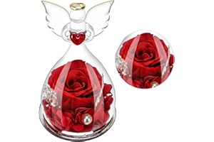 DASIAUTOEM Rose Eternelle Cadeau Femme - Cadeau Saint Valentin, Ange Figurine en Verre, Fleur Eternelle Décoration Florale Faite à la Main - Cadeau pour Femme Maman Petite Amie, Mariage, Anniversaire