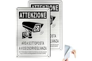SINMAO Cartello Area Videosorvegliata GDPR per Interni ed Esterni Metallo Spazzolato Adesivo Alluminio 5.9x8.67inch 2 pezzi