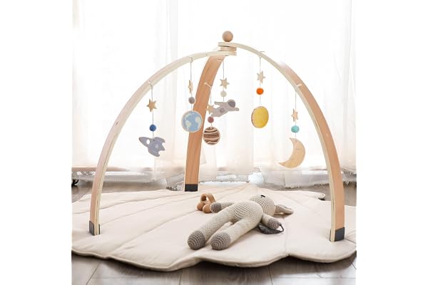 WOODEN TEETHER Arche de jeux pour bébé, en bois, avec 5 jouets sensoriels amovibles, Arche de jeu Montessori pliable en bois, décoration pour chambre de bébé, chambre d'enfant (Triangle Log Couleur)