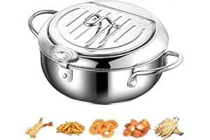 AlfaView 304 Stainless Steel Tempura Deep Fryer Pot with Thermometer and Oil Drip Rack Lid, Japanese Deep Frying Pot for Family Frying Tempura, Chicken French, Dried Fish(Silver-2.2L)