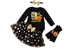 Beyinkoy Halloween-klädset för babyflickor, 4 delar min första Halloween-flickoutfit, långärmad sparkdräkt, tutu-kjol, pannba