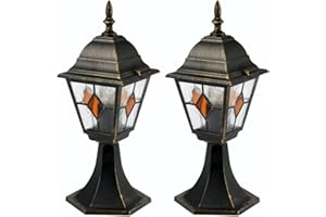 firstchoicelighting Set of 2 Traditional Black Brushed Gold Outdoor Post Lights, Garden Pedestal Lights, Lantern Design, IP44 Rated, Compatible with LED Bulbs