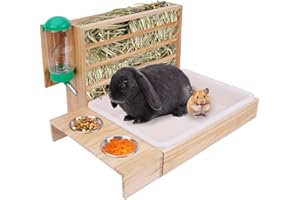 MOGOULUA Mangiatoia per fieno 4 in 1 per conigli, con lettiera, bottiglia d'acqua per animali domestici, in legno, per piccoli animali domestici, coniglietti, criceti, porcellini d'India