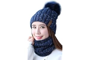 GENERIC Damen Wintermütze Schal Set,Warm Weichem Innenfutter Strickmütze und Schal mit Fleecefutter,Winter Wärme Beanie Mütze Strickschal Set,Schlauchschal Hüte Mützen mit Kunstpelz Bommel Pom