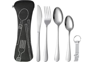 MOONSING Zestaw sztućców, sztućce kempingowe ze stali nierdzewnej z etui, przenośne 5 sztuk naczyń z nożem, widelcem, 2 łyżki, otwieracz do butelek, do podróży, na piknik, do pracy, wędrówek (czarne)