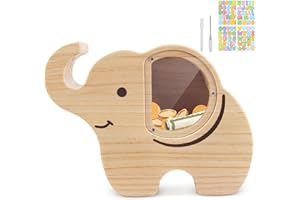 wooshwa Hucha para Niños, Huchas Originales para Niños, Caja de Monedas, Hucha de Madera Transparente Reutilizables con Marcador & Pegatinas de Colores para Infantiles Niña Niño - Elefantes