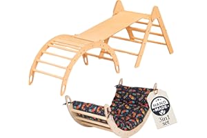 WoodsCraft 3in1 Set: Kletterdreieck mit Rutsche Indoor/Klettern Rampe & Kletterbogen mit Kissen | Holz Montessori Klettergerüst Indoor Spielgeräte & Spielplatz | Klettern Kinder Indoor & Klettern Baby
