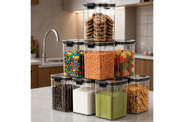 HomeWiz Airtight Kitchen Storage Box 1200ml x8 Containers For Kitchen Storage Set Food Grade BPA-Free Kitchen Containers Set With 2 Side Clip-Lock Stackable, For Pantry and Fridge Storage