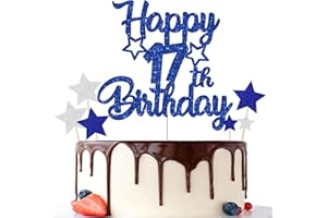 Gidobo 17th Birthday Cake Toppers, Blue Glittery Cake Decorations with Stars, Seventeen Years Old Birthday Party Supplies for Boys and Girls