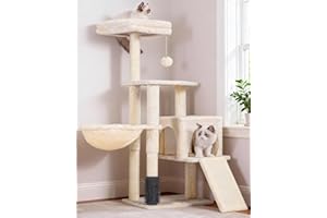 Heybly Arbre à Chat, Brosse de Nettoyage Automatique, Arbre à Chat Domestique Robuste avec Peluche Polie, Chaise Longue, Bac à Litière avec Panneaux et Griffoir, Beige HCT005SM