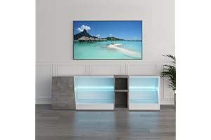 Mondeer Mobile porta TV con luci a LED, 5 scomparti aperti e 1 anta, per TV da 55", per soggiorno e camera da letto, 140 x 45 x 37,5 cm, bianco e grigio