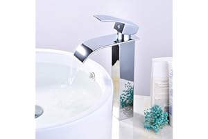 NEWRAIN Tall Waterfall Bathroom Sink Faucet, Brass Flat Mouth Waterfall Basin Mixer Tap Single Lever Mixer Faucet for Cloakroom Basin Sink, Chrome Finish