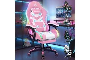 ALFORDSON Silla Gaming Racing, Silla Gamer Masaje con Iluminación RGB de 12 LED de Color, Sillón Ergonómico con Soporte Lumbar, Tumbona con Reposapiés, Cuero PU, Rosa
