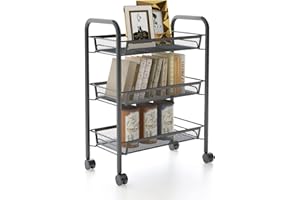 Leogreen Carrello da Cucina a 3 Livelli, Carrello Scorrevole, Carrello portaoggetti Mobile Ripiano, Carrelli da Portata in Metallo, con Manici, per Ufficio Salone Cucina, 46 x 27 x 63 cm, Nero