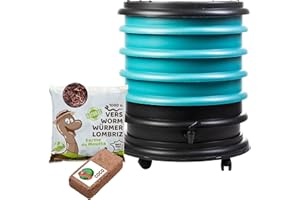 WormBox | Wurmkomposter Wurmfarm Wurmkiste mit 4 Schalen Türkis + 500g Kompostwürmer / 1000 STK + 1 Coco | 64 Liter | Regenwurmkomposter, Kompostwürmer produzieren Wurmhumus