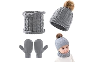 Kunyeah 3Pcs Baby Beanie Hat Scarf Gloves Set Infant Knitted Cap Winter Warm Gloves Toddler Neck Warmer for Boys Girls 0-3 Years